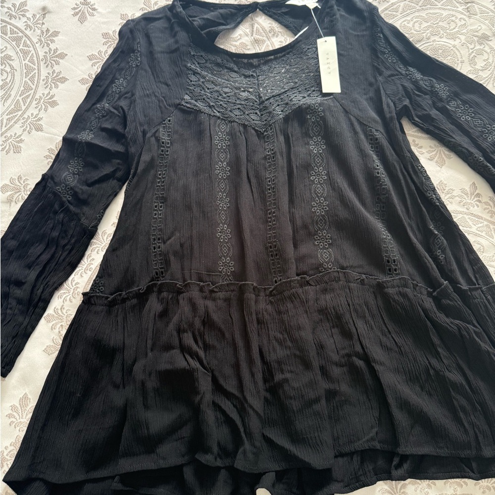 Adiva Black Lace-Trim Boho Tunic Top S 100% rayon